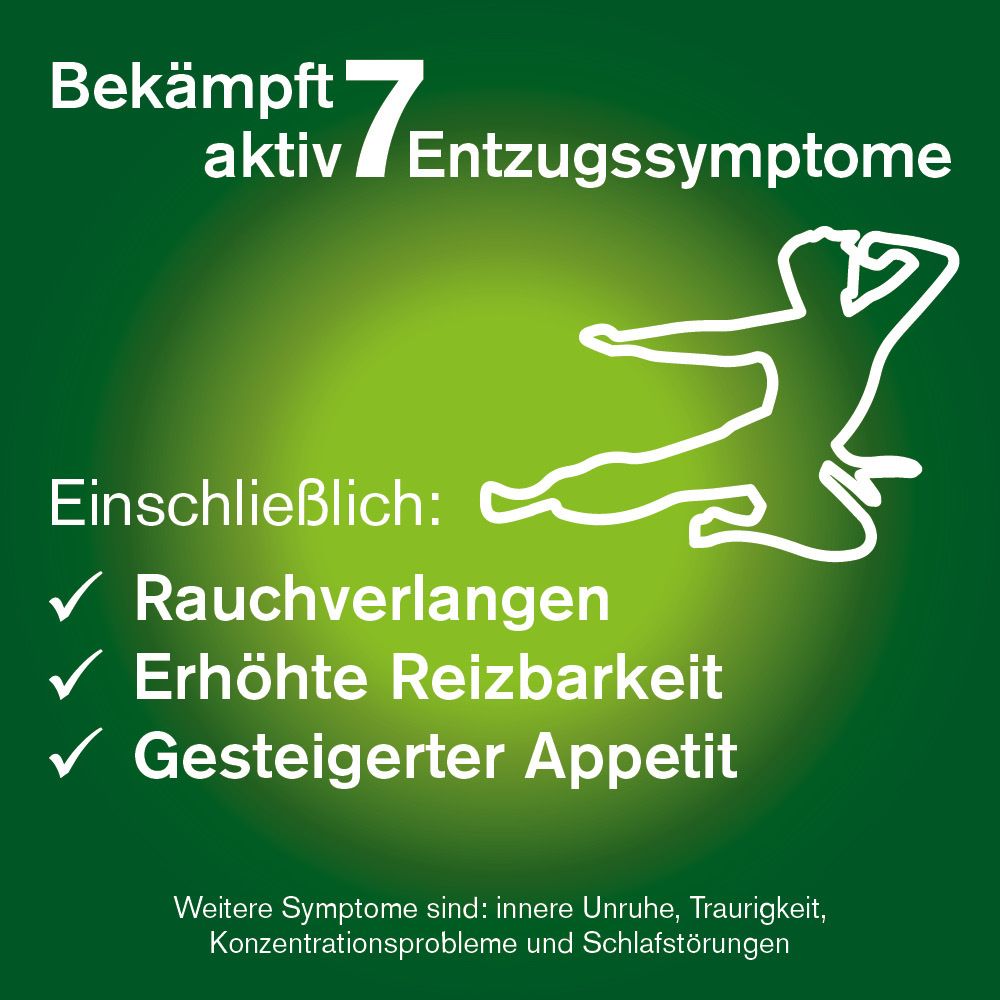 Grafik mit Text: Bekämpft 7 Entzugssymptome. Auflistung von Symptomen.