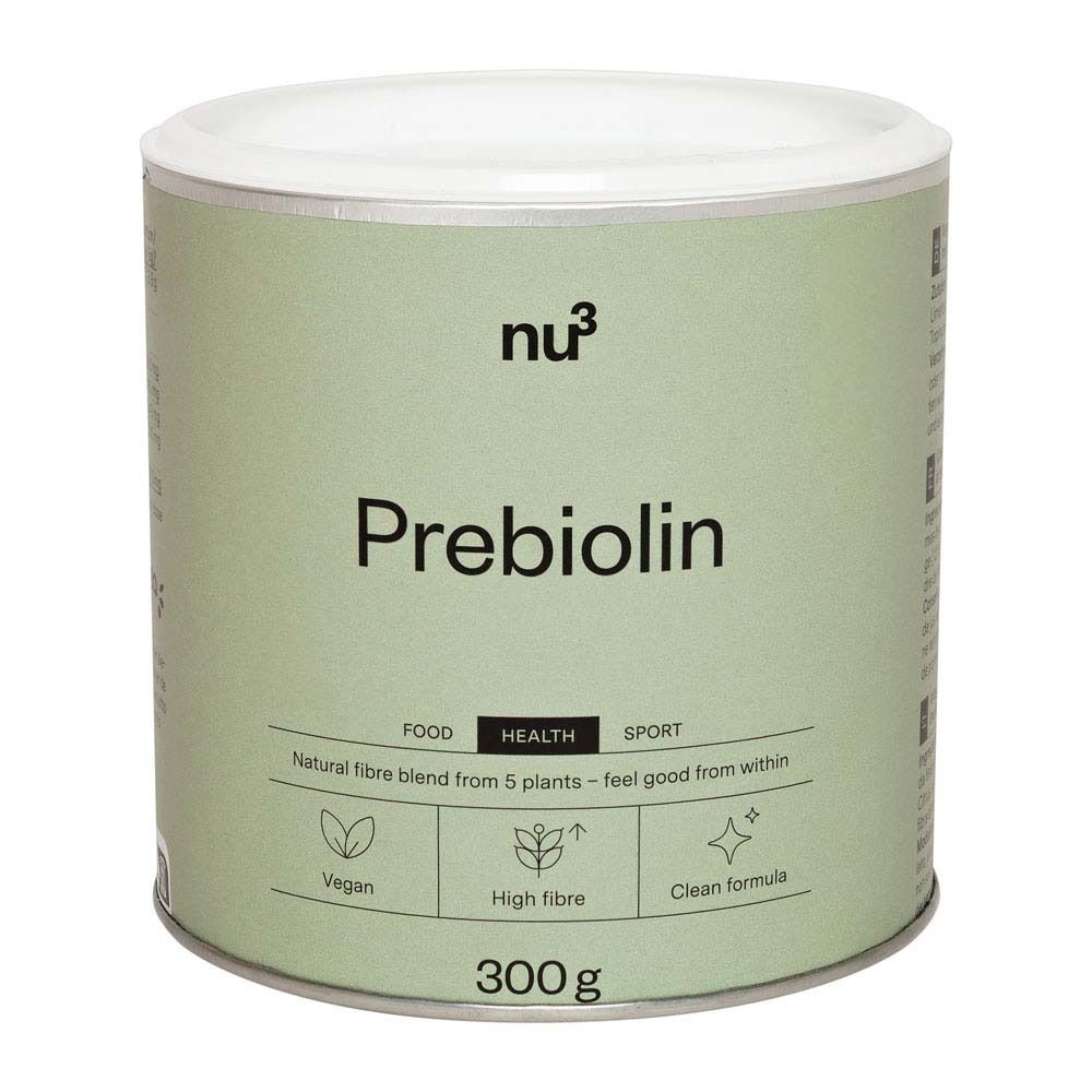 Grüne Dose mit weißem Deckel. Aufschrift "nu3 Prebiolin". Enthält 300g. Vegan, reich an Ballaststoffen, 100% rein.