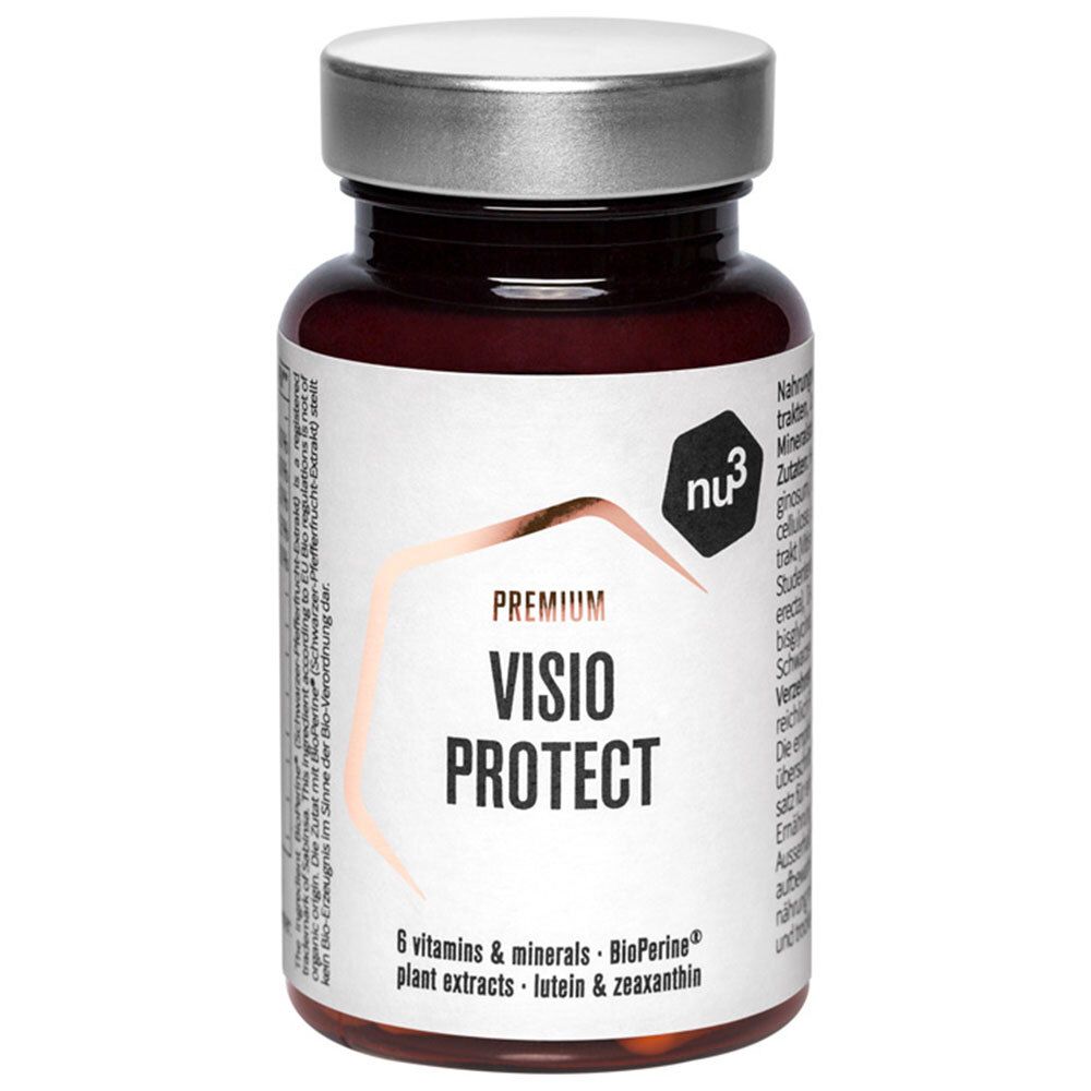 Braune Flasche mit silbernem Deckel. Aufschrift: Premium Visio Protect. Enthält 6 Vitamine & Mineralien, Lutein & Zeaxanthin.