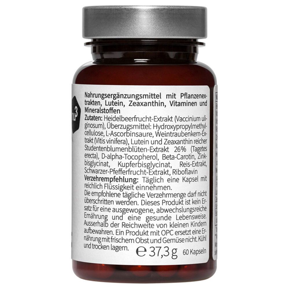 Rückseite der Flasche. Text mit Inhaltsstoffen und Nährwertangaben. Enthält 60 Kapseln. Marke: nu3.