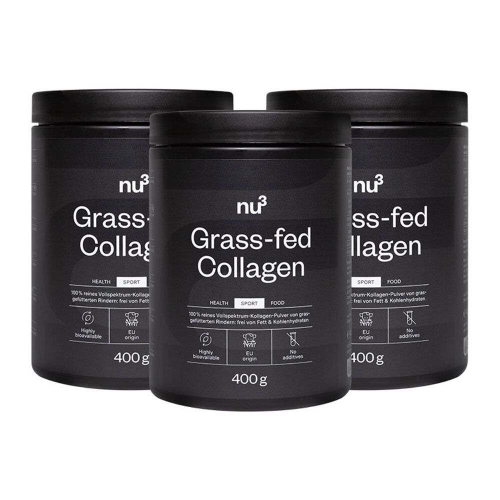 Drie zwarte potten met de tekst «nu3 Grass-fed Collagen». Elke pot bevat 400g.