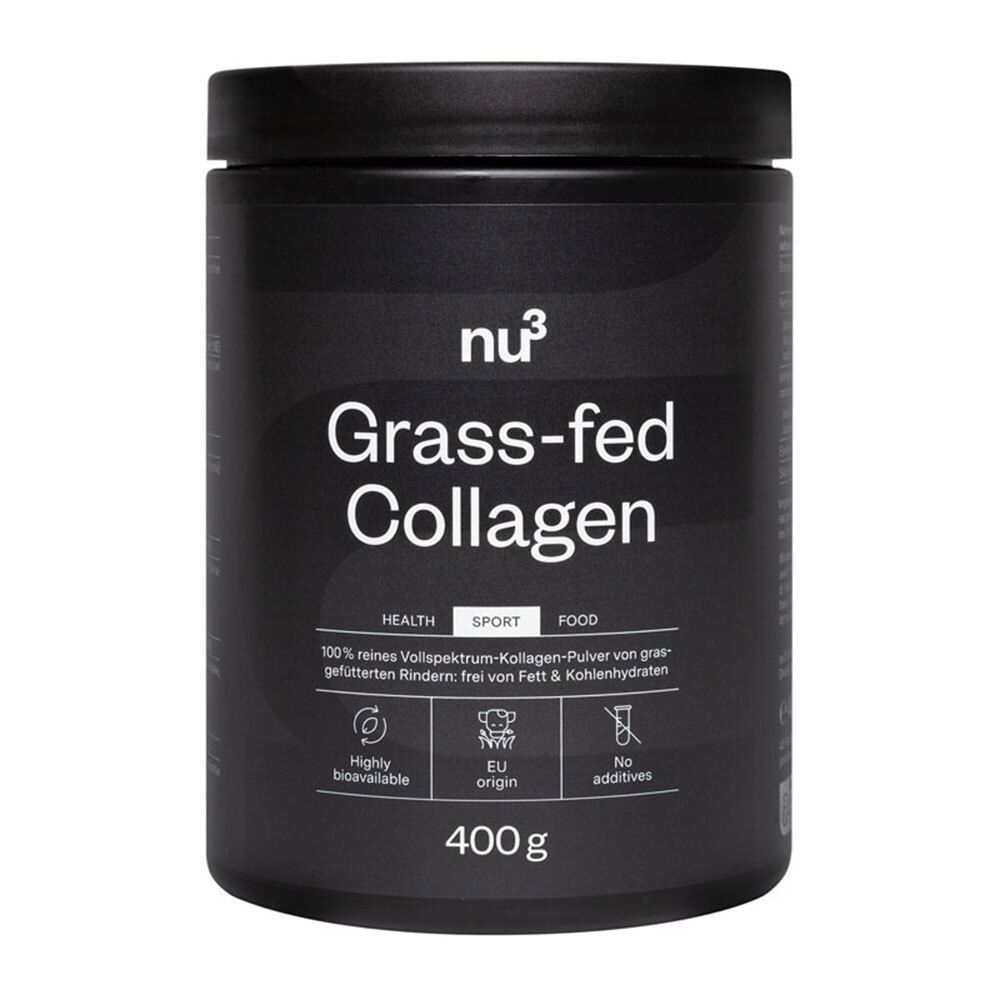 Zwarte pot met «nu3 Grass-fed Collagen». Bevat 400g. Logo's voor gezondheid, sport en voeding.