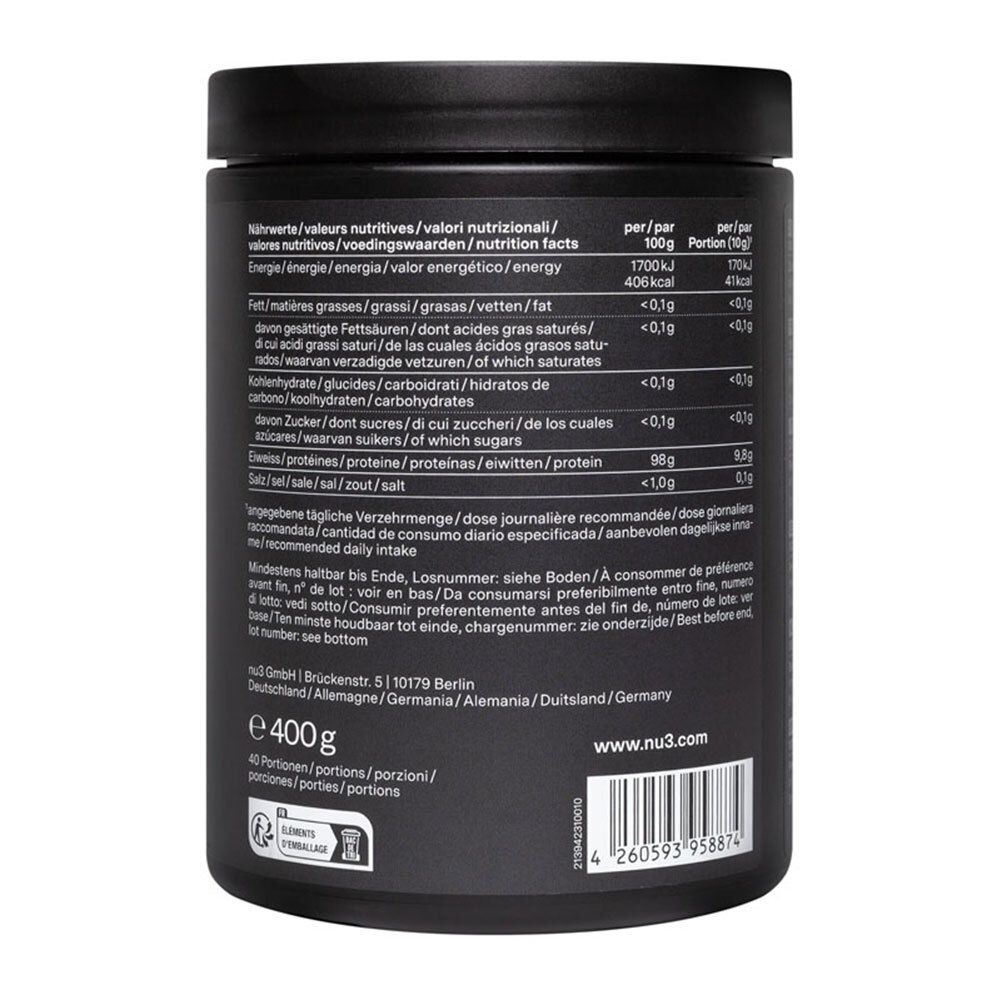 Achterkant van een zwarte pot met voedingswaarde. Bevat 400g. Ingrediënten en fabrikant.