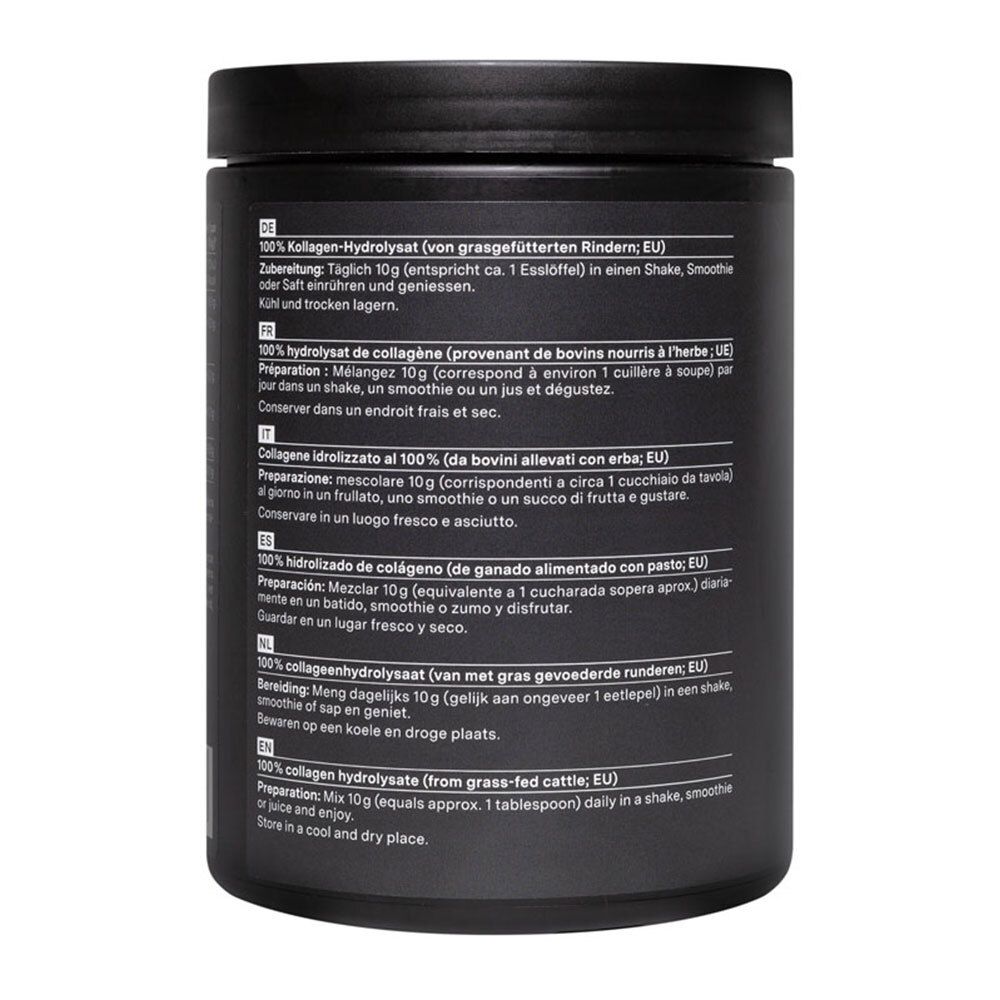 Achterkant van een zwarte pot met meertalige gebruiksaanwijzingen. Bevat 400g.