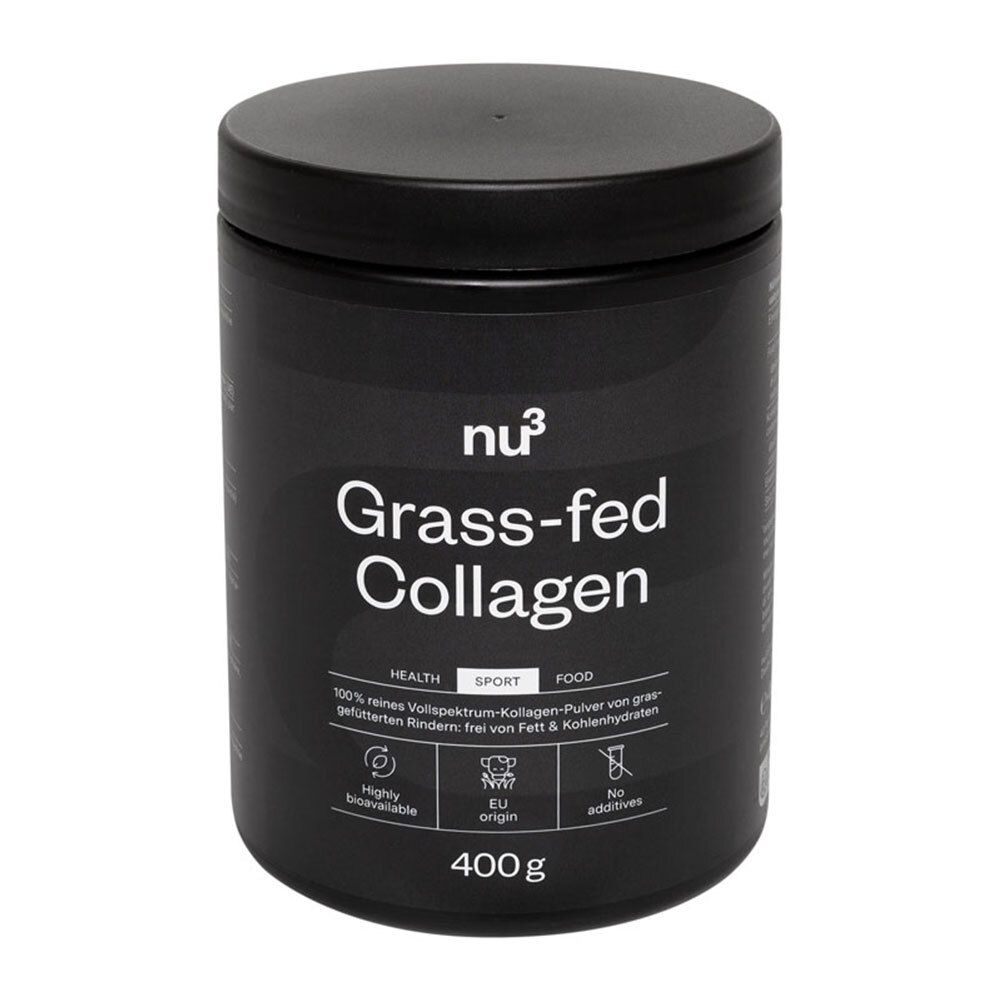 Zwarte pot met «nu3 Grass-fed Collagen». Bevat 400g. Logo's voor gezondheid, sport en voeding.