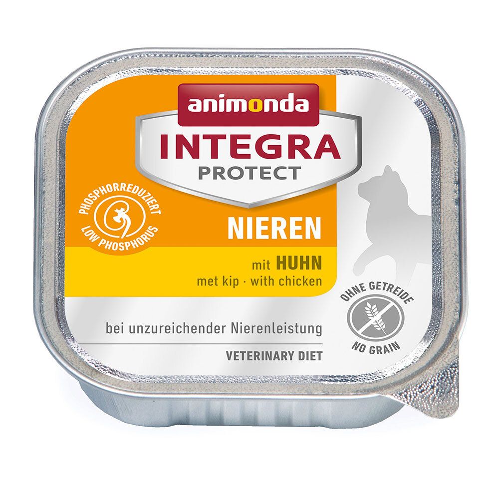 Tiernahrung in Schale. Aufschrift: animonda INTEGRA PROTECT NIEREN mit Huhn. Ohne Getreide. Veterinärdiät.