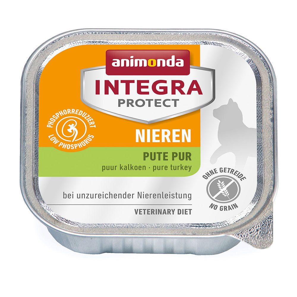 Tiernahrung in Schale. Aufschrift: animonda INTEGRA PROTECT NIEREN PUTE PUR. Ohne Getreide. Veterinärdiät.