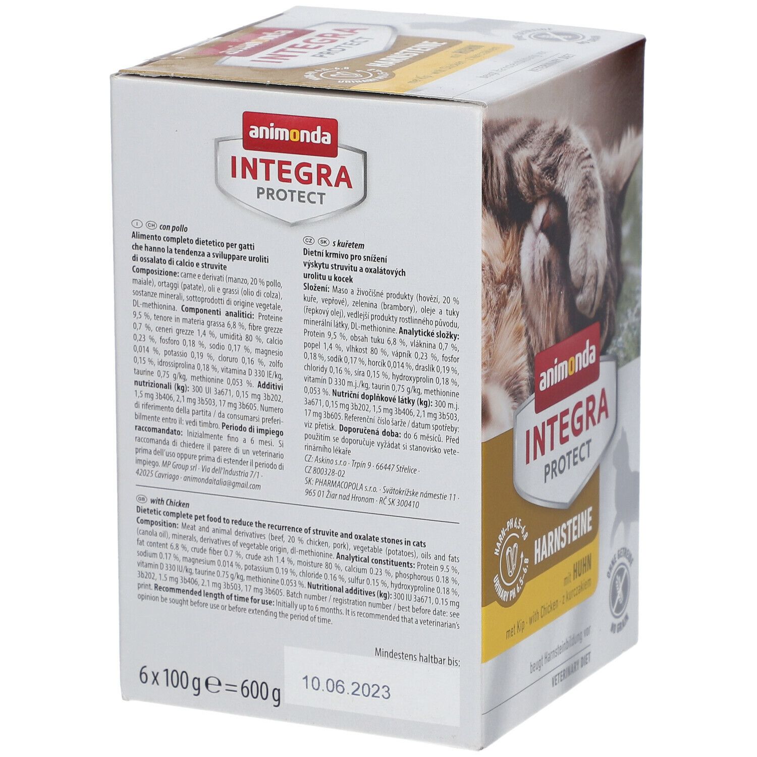 Rückseite der animonda Integra Protect Harnsteine Huhn Verpackung. Text mit Inhaltsstoffen und Fütterungsempfehlung.