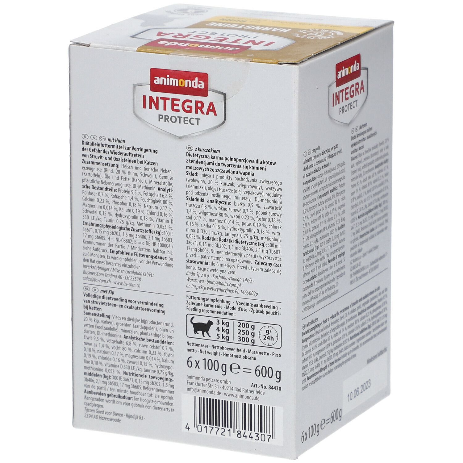 Rückseite der animonda Integra Protect Harnsteine Huhn Verpackung. Text mit Fütterungsempfehlung und Inhaltsstoffen.