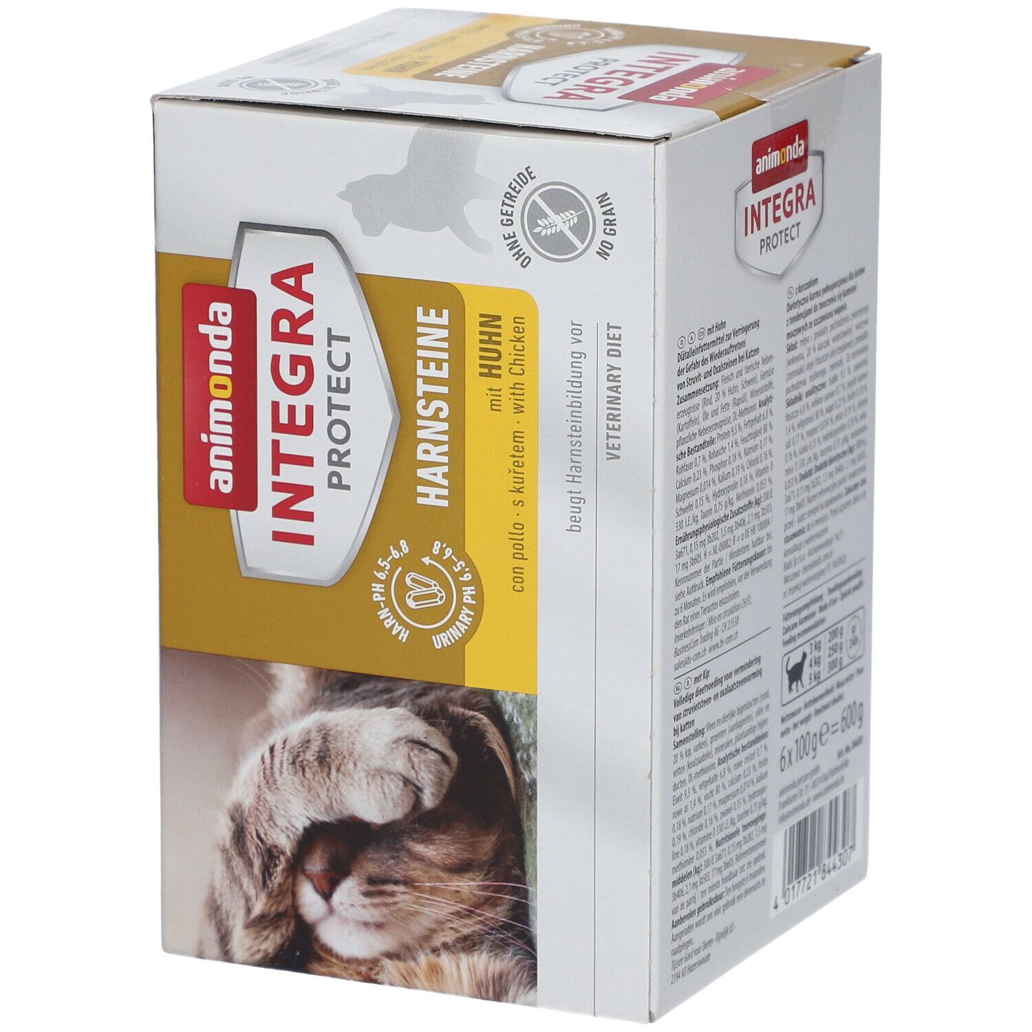 Karton mit animonda Integra Protect Harnsteine Huhn. Logo, Produktname und Katze abgebildet. Veterinärdiät.