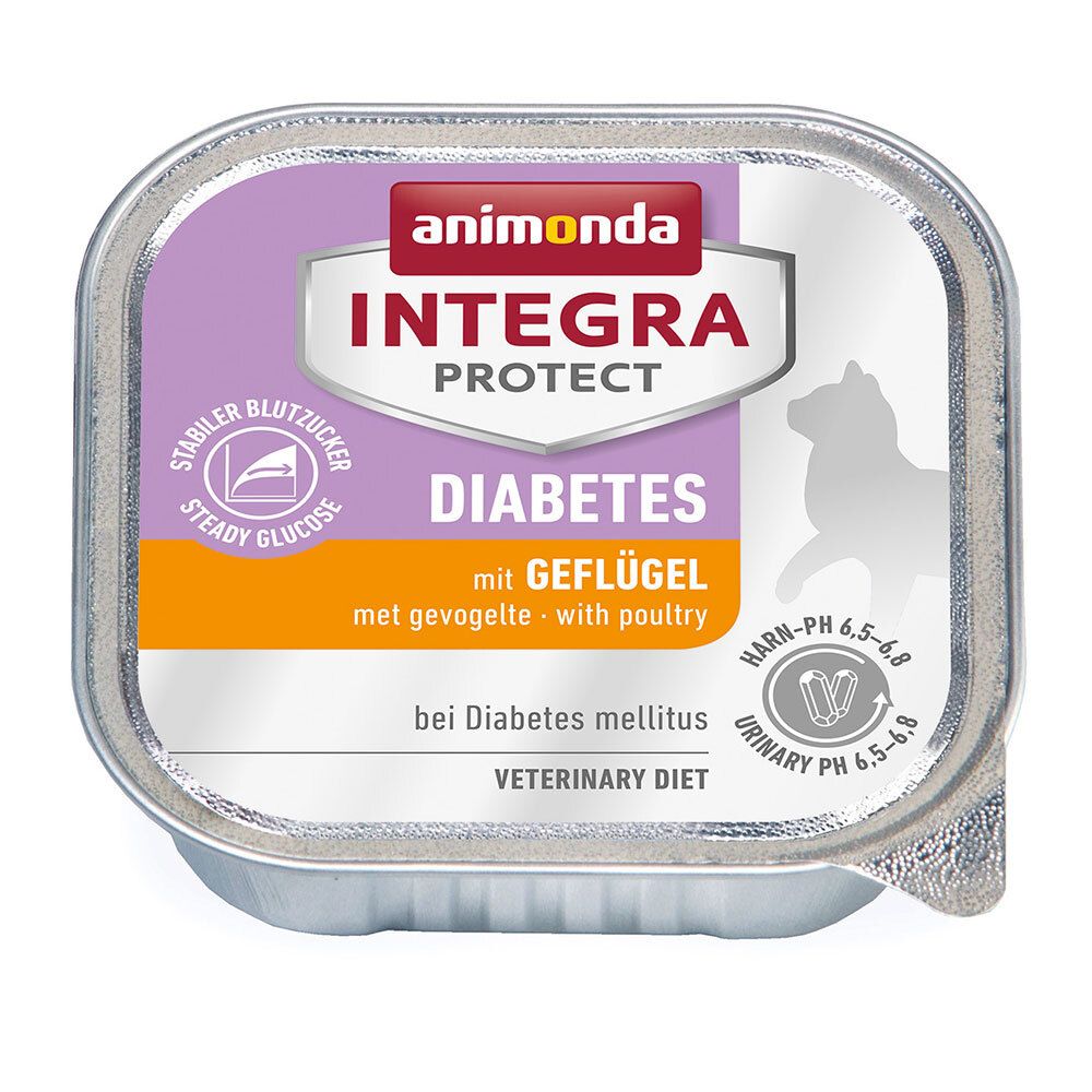 Verpackung von animonda Integra Protect Diabetes Geflügel. Violett-orangefarbenes Design mit Text: Diabetes, Geflügel, Steady Glucose, Veterinary Diet.