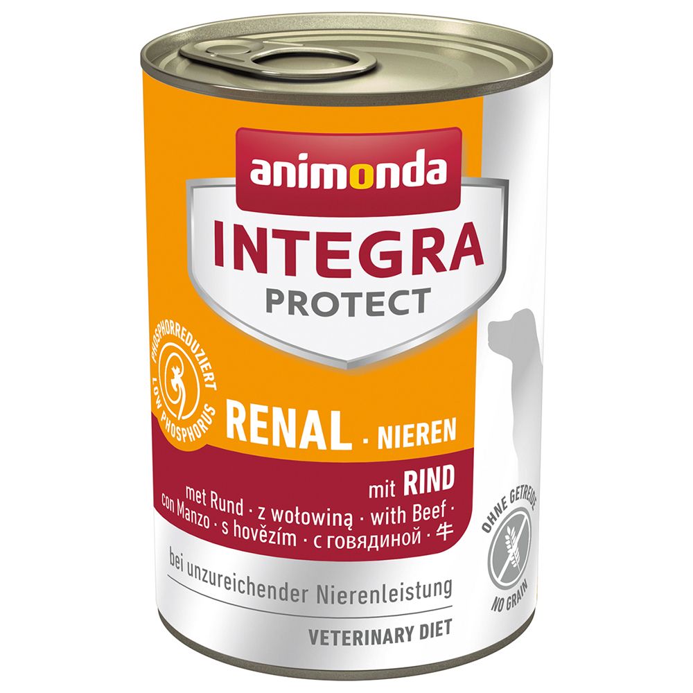 Konservendose mit Etikett. Aufschrift: animonda INTEGRA PROTECT RENAL NIEREN mit Rind. Veterinärdiät.