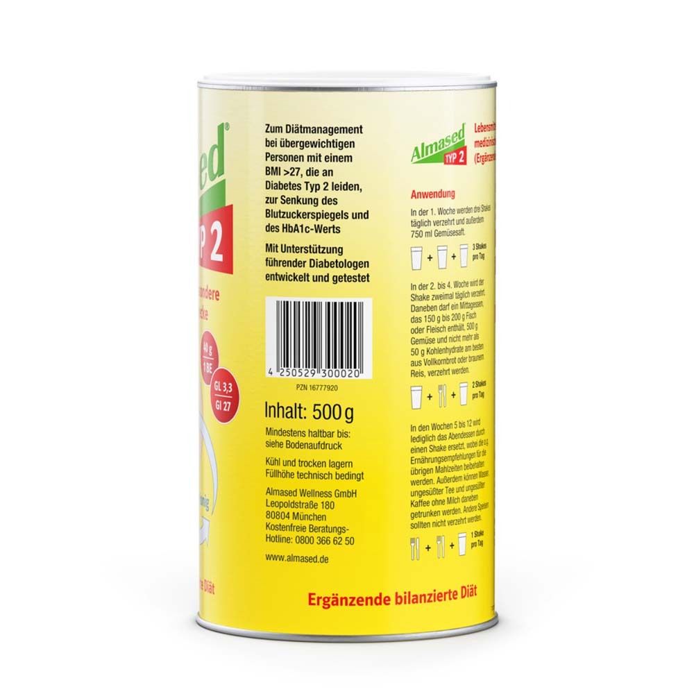 Rückseite einer gelben Dose Almased® TYP 2. Text: Zum Diätmanagement bei übergewichtigen Personen mit BMI >27. Barcode.