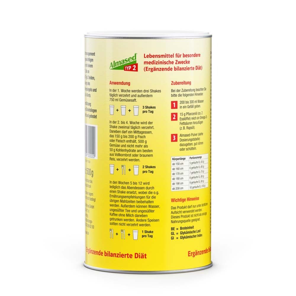 Rückseite einer gelben Dose Almased® TYP 2. Text: Anwendung, Zubereitung, wichtige Hinweise. Ergänzende bilanzierte Diät.