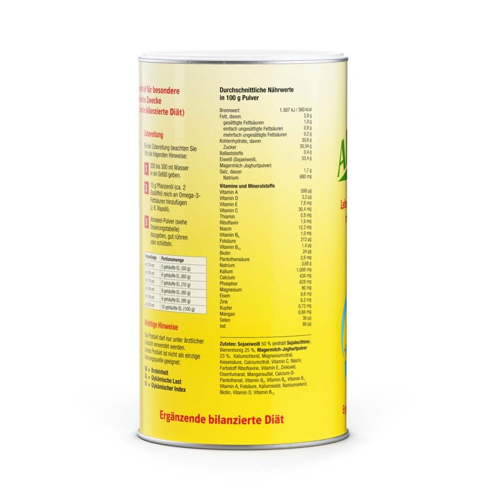 Rückseite einer gelben Dose Almased® TYP 2. Nährwerttabelle. Text: Ergänzende bilanzierte Diät.