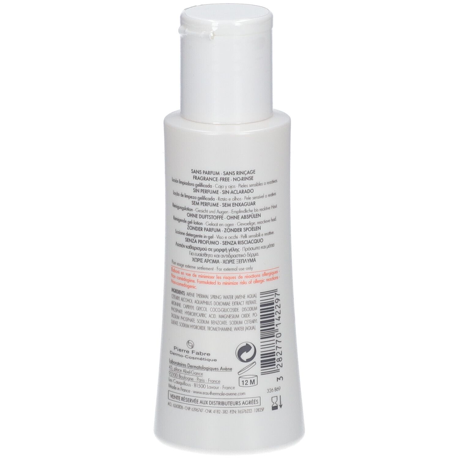 Weiße Flasche mit Klappverschluss. Rückseite mit Text. Ohne Parfüm, ohne Spülung. 12M-Symbol.