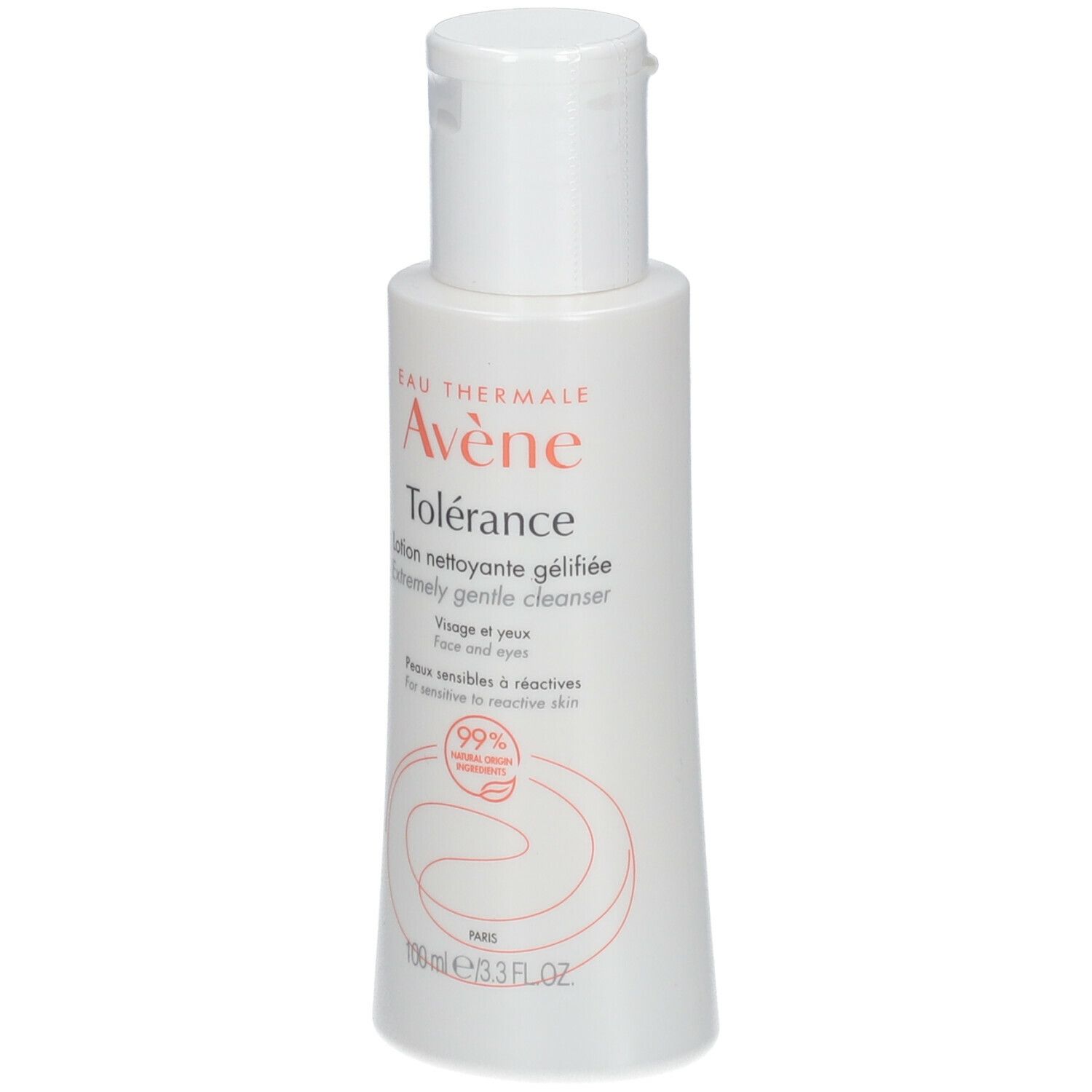 Weiße Flasche mit Klappverschluss. Aufschrift: Eau Thermale Avène Tolérance. Für empfindliche Haut. 99% Inhaltsstoffe natürlichen Ursprungs.