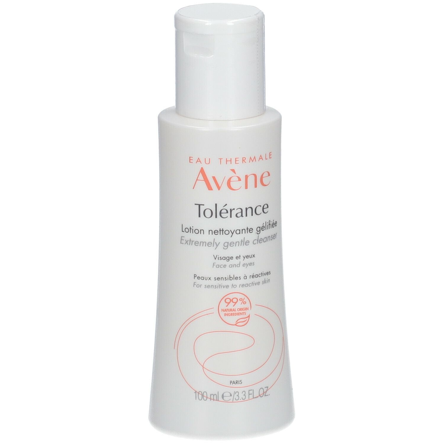 Weiße Flasche mit Klappverschluss. Aufschrift und Text auf der Seite. Produktinformationen und Barcode.