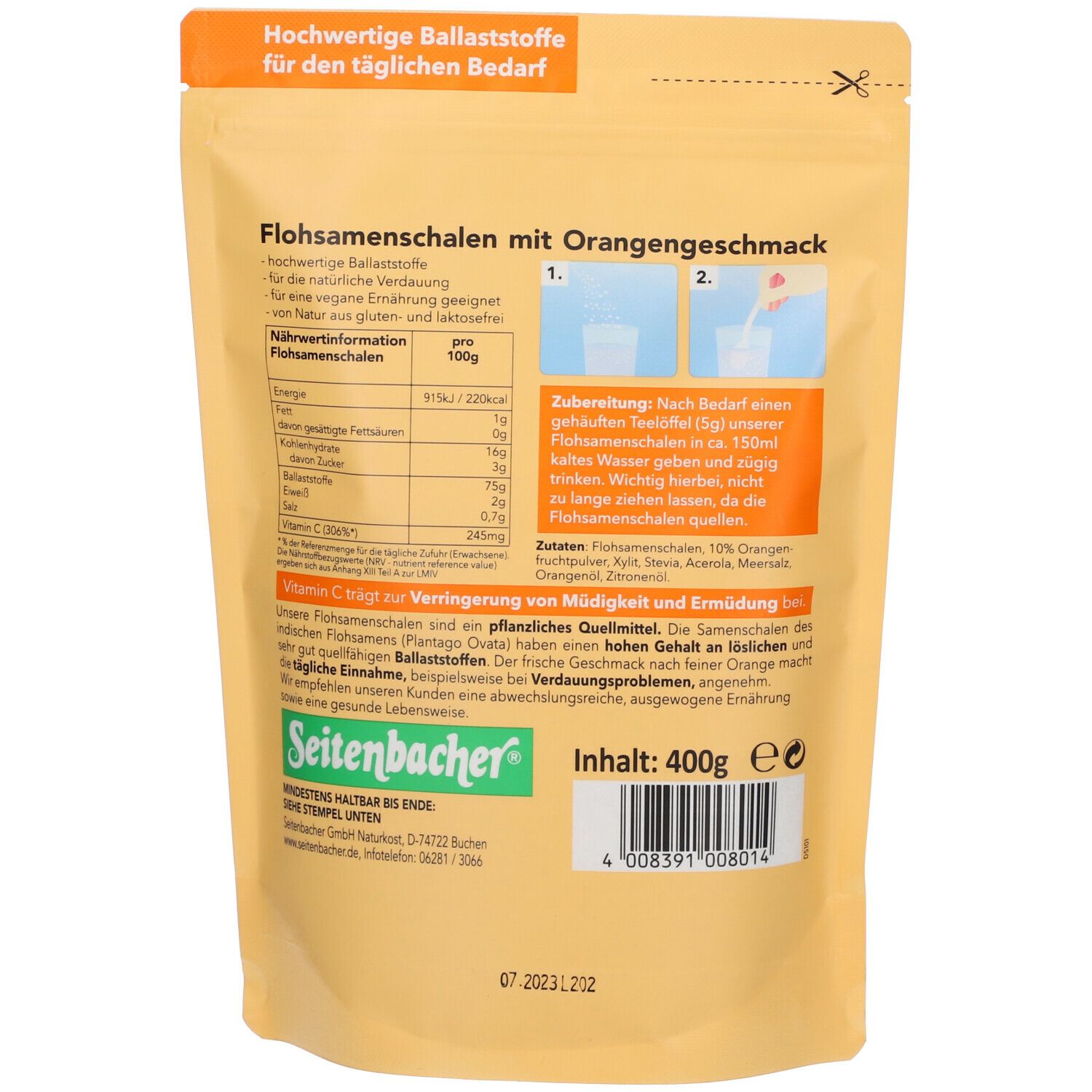 Seitenbacher Flohsamenschalen Kur, Orange 400 g Pulver