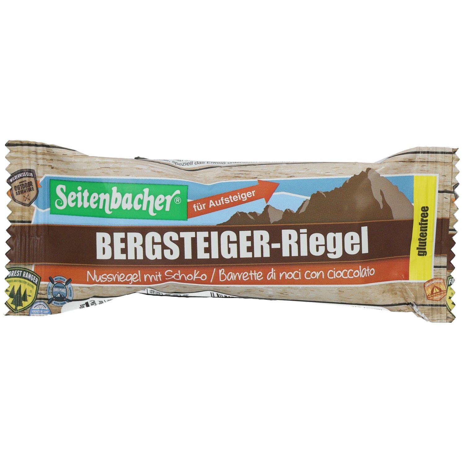 Verpackung mit Bergsteiger-Riegel. Aufschrift: Seitenbacher, Bergsteiger-Riegel, Nussriegel mit Schoko. Glutenfrei.