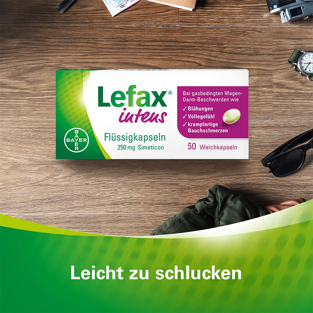 Lefax® intens Flüssigkapseln bei gasbedingten Beschwerden wie Blähungen und Völlegefühl