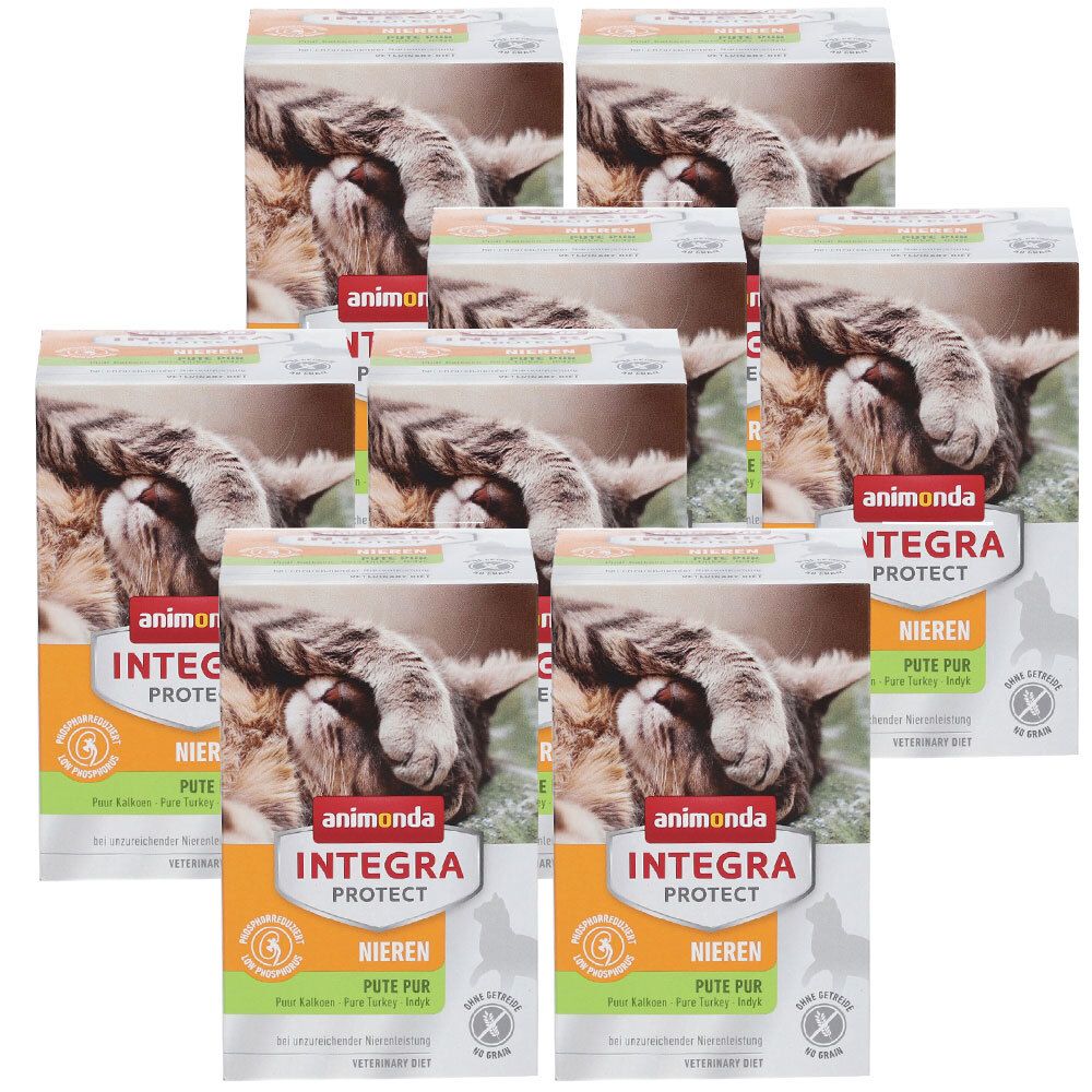 Mehrere Packungen Tierfutter. Aufdruck: animonda INTEGRA PROTECT NIEREN PUTE PUR. Abbildung einer Katze.