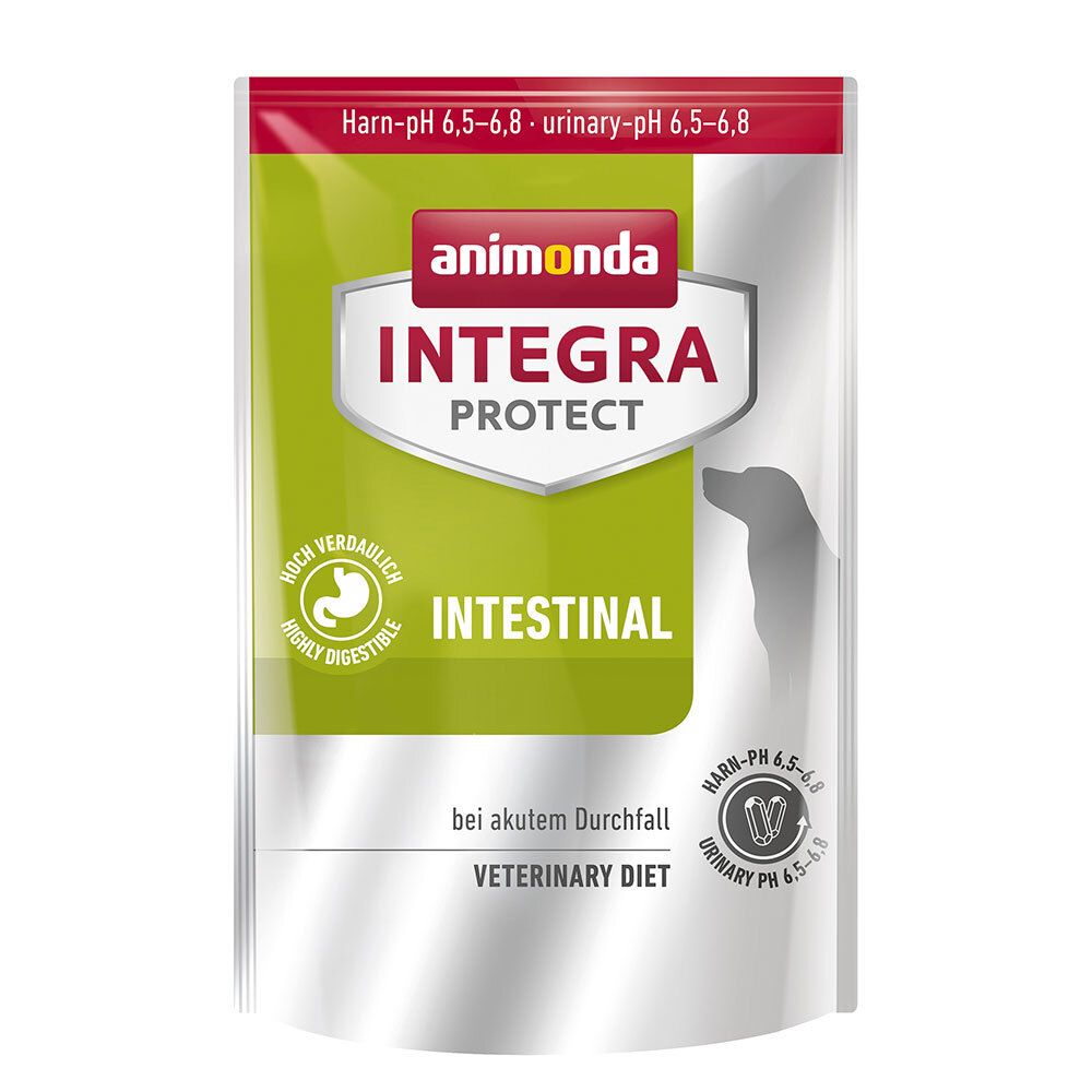 Verpackung von animonda Integra Protect Intestinal. Grün-weißes Design mit Logo und Produktbezeichnung. Text: "VETERINARY DIET".