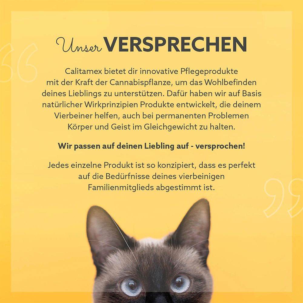 Text: CALITAMEX bietet Pflegeprodukte mit Cannabis. Entwickelt, um das Wohlbefinden der Katze zu unterstützen. Für Körper und Geist im Gleichgewicht.
