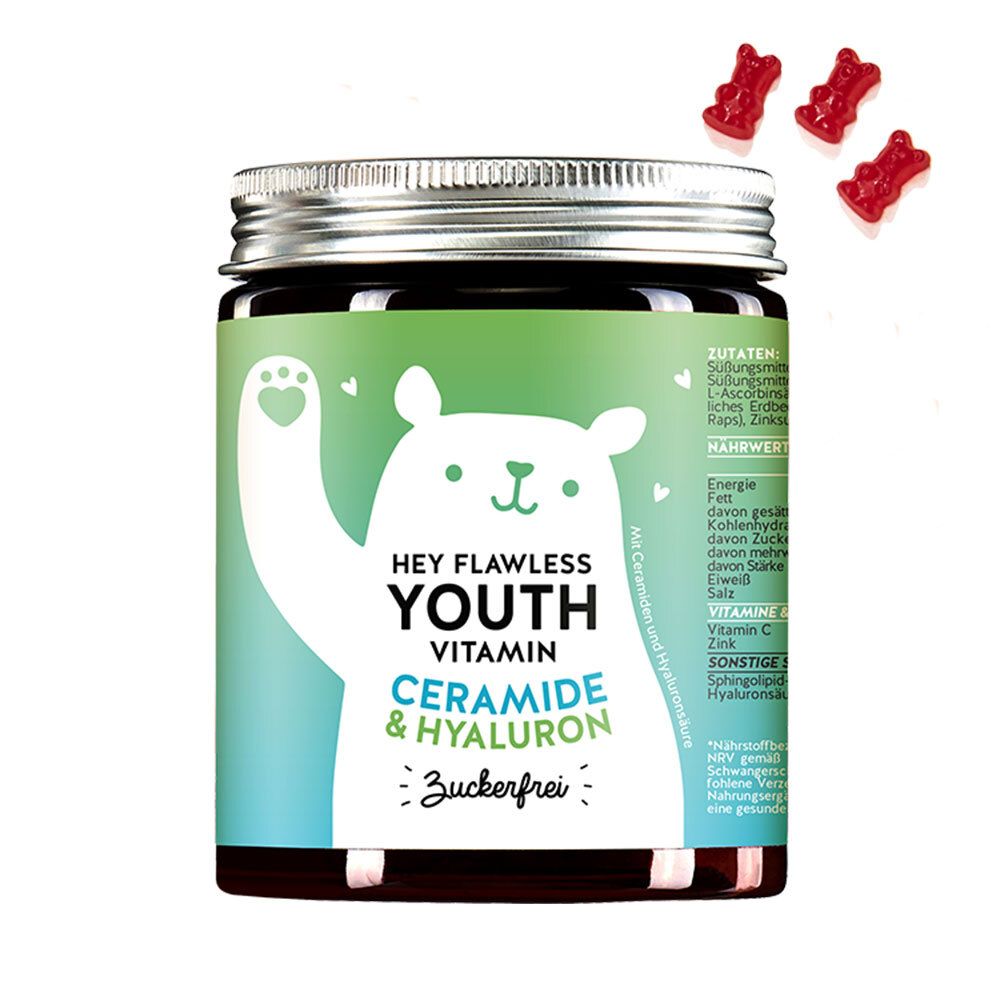 Glas mit Vitamin-Gummibärchen. Aufschrift: Hey Flawless Youth Vitamin Ceramide & Hyaluron. Zuckerfrei.