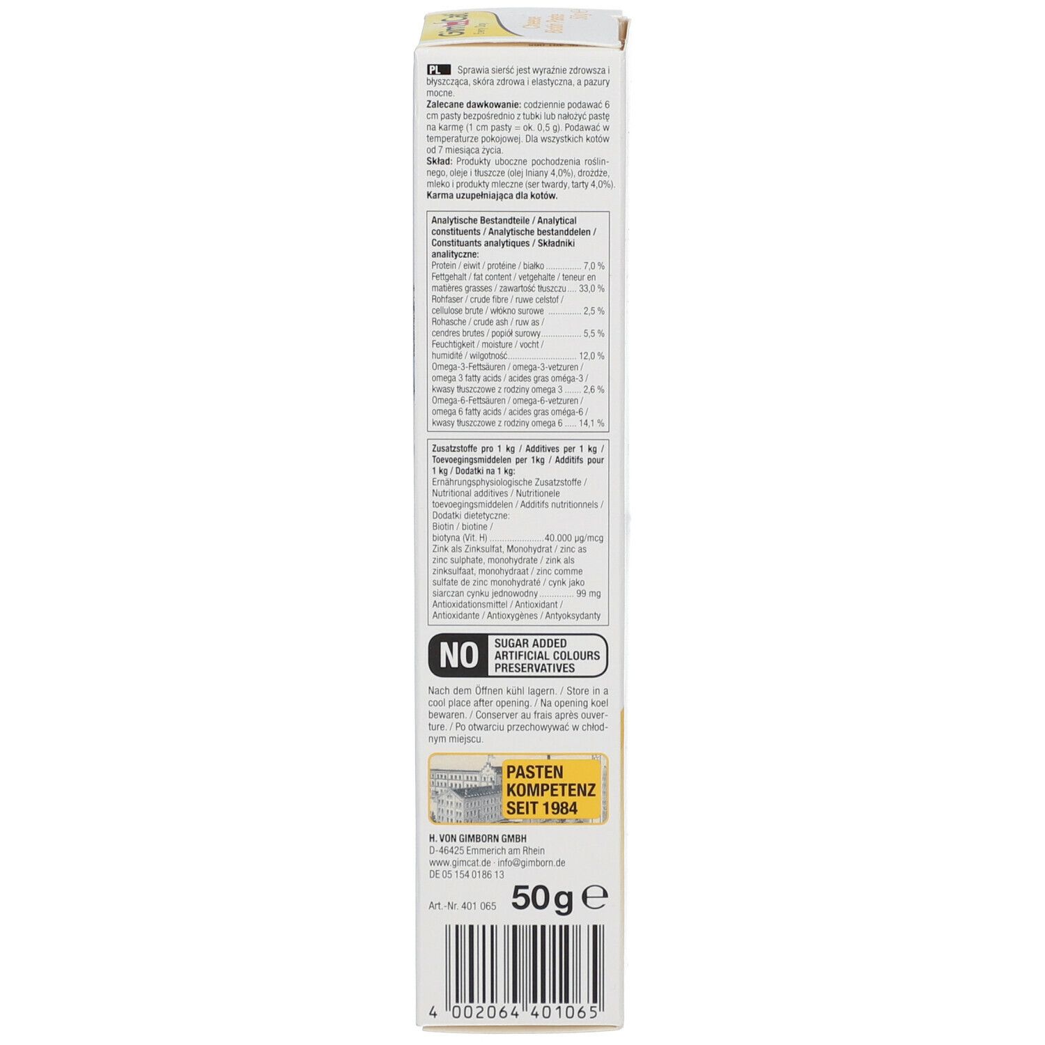 Verpackung GimCat Cheese Biotin Paste. Rückseite mit Inhaltsstoffen und Nährwertangaben. Text in mehreren Sprachen.
