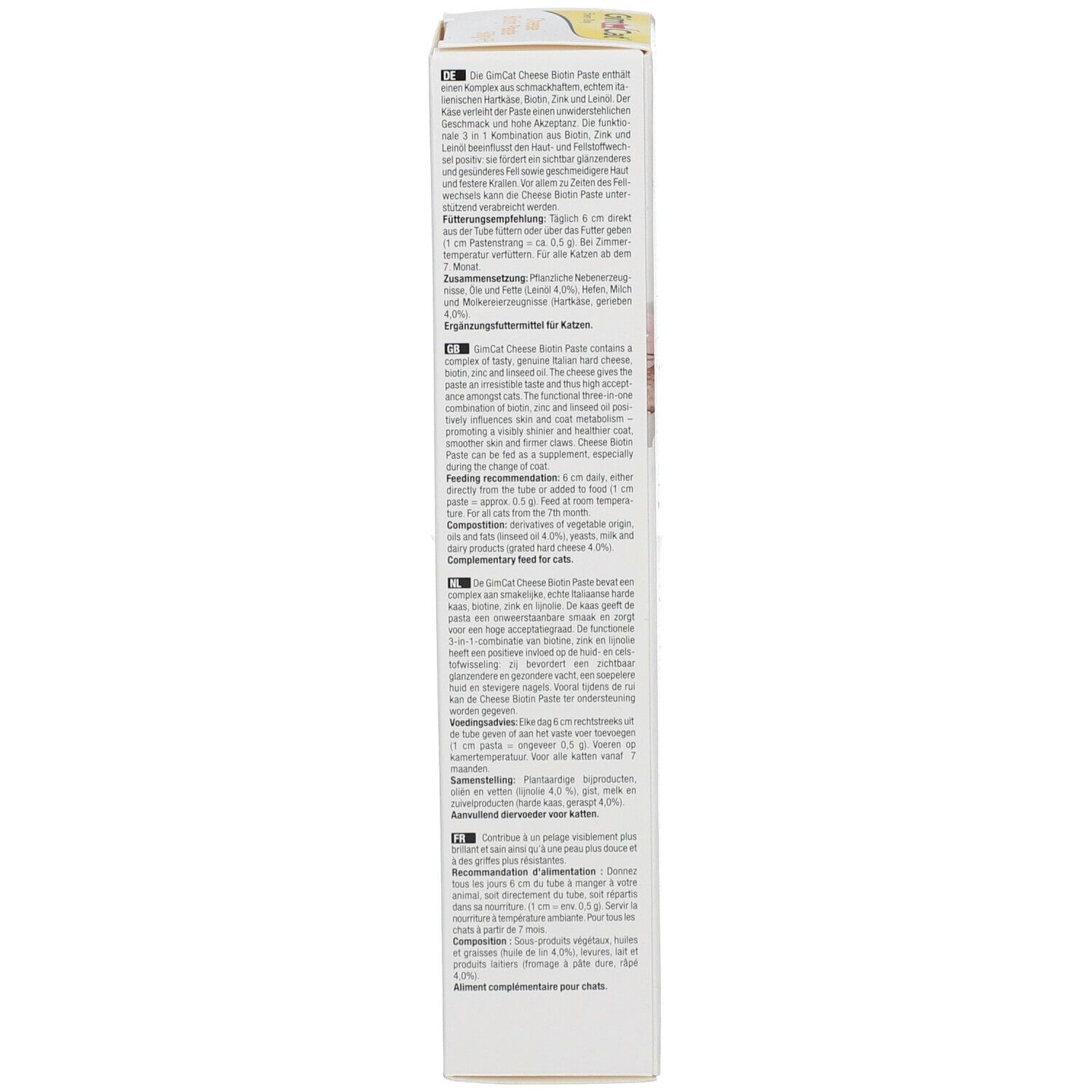 Verpackung GimCat Cheese Biotin Paste. Seite mit Text in mehreren Sprachen. Produktbeschreibung und Anwendungshinweise.