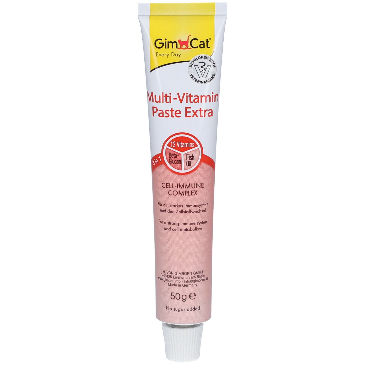 Tube GimCat Multi-Vitamin Paste Extra. Aufschrift: 12 Vitamine, Beta-Glucan, Fischöl. 50g. Kein Zuckerzusatz.