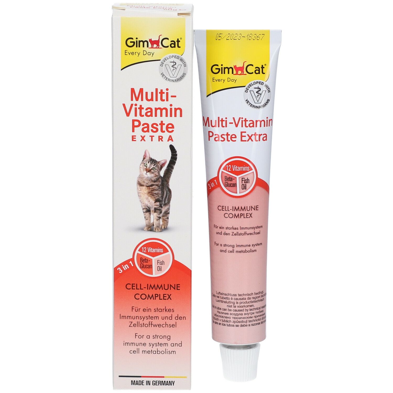 GimCat Multi-Vitamin Paste Extra Tube und Verpackung. Aufschrift: 12 Vitamine, Beta-Glucan, Fischöl. Cell-Immune Complex. Katze.