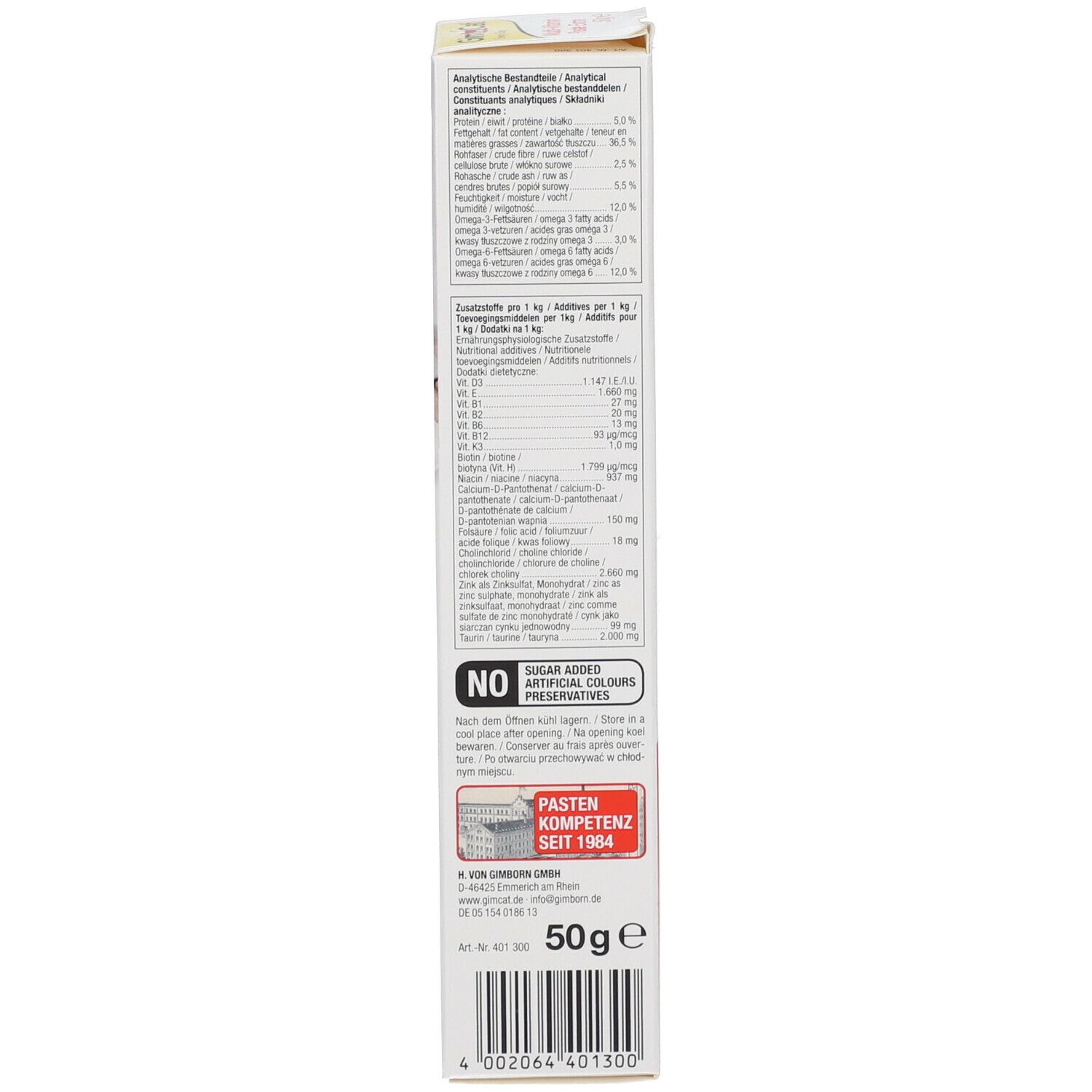 Rückseite der Verpackung GimCat Multi-Vitamin Paste Extra. Inhaltsstoffe, Nährwertangaben, Herstellerinformationen.