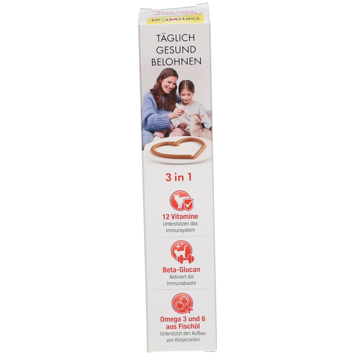 Seite der Verpackung GimCat Multi-Vitamin Paste Extra. Aufschrift: 3 in 1, 12 Vitamine, Beta-Glucan, Omega 3 & 6.