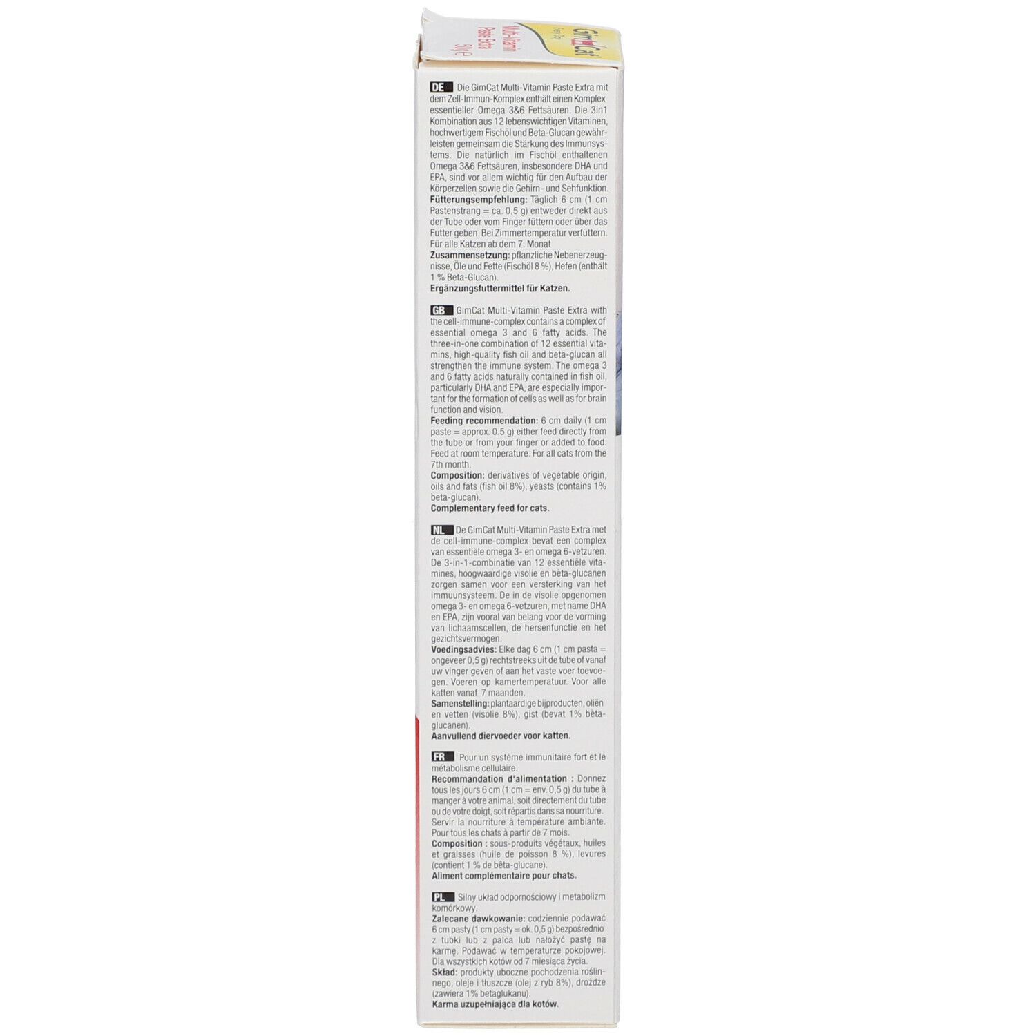 Seite der Verpackung GimCat Multi-Vitamin Paste Extra. Text in mehreren Sprachen, Fütterungsempfehlung, Inhaltsstoffe.
