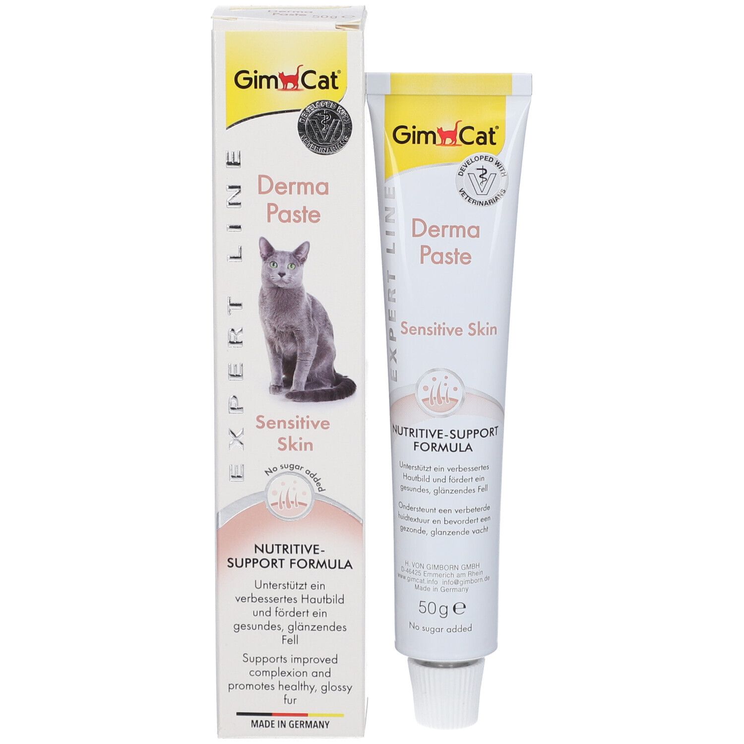 GimCat Derma Paste und Verpackung. Paste für empfindliche Haut. Katze auf der Verpackung. 50g.