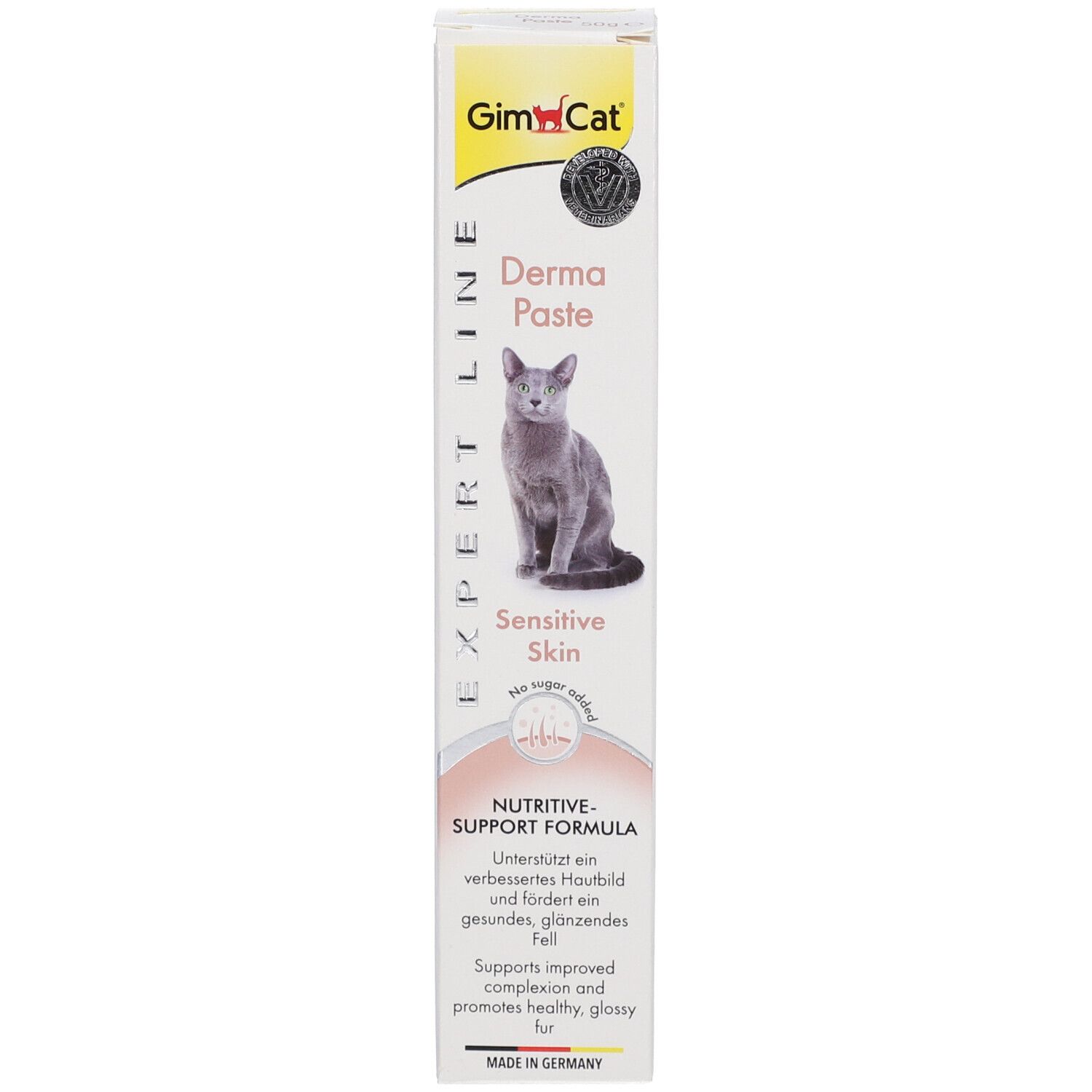 Verpackung GimCat Derma Paste. Katze auf der Verpackung. Paste für empfindliche Haut. 50g.
