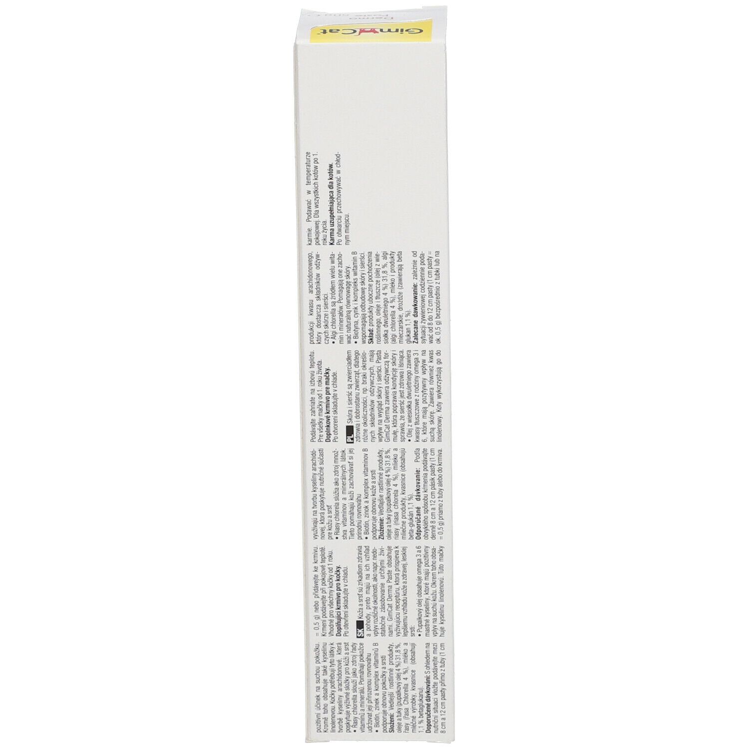 Verpackung GimCat Derma Paste. Rückseite mit Text. 50g.