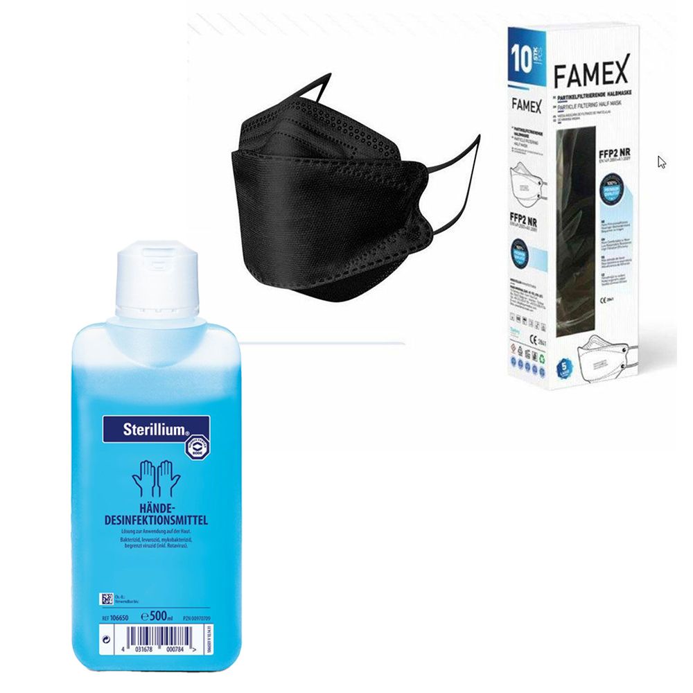 Schwarze FFP2-Maske, Flasche Händedesinfektionsmittel und FAMEX-Verpackung mit 10 Masken.