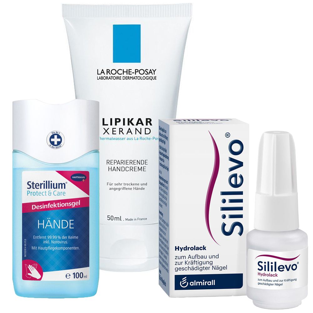 Sterillium® Protect & Care Händedesinfektion +  Sililevo® Nagellack + La Roche Posay Lipikar Xerand Handcreme