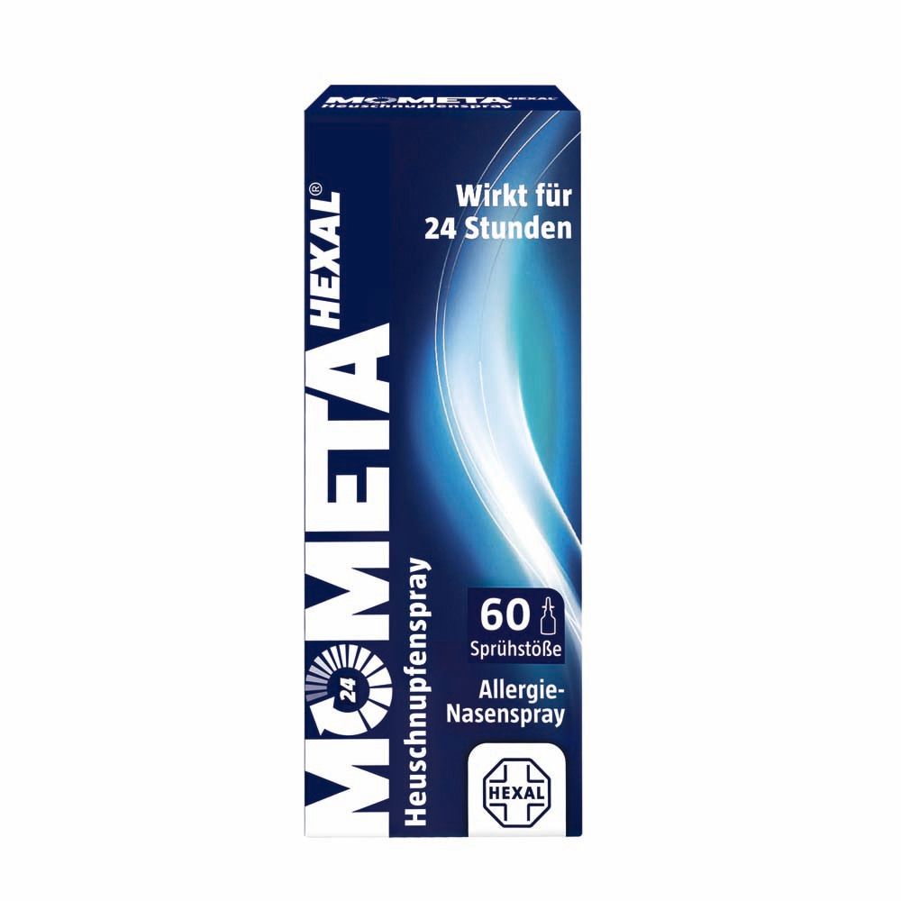 MometaHEXAL® Nasenspray-Verpackung. Blaue Verpackung mit Produkt- und Markenlogo. 60 Sprühstöße.