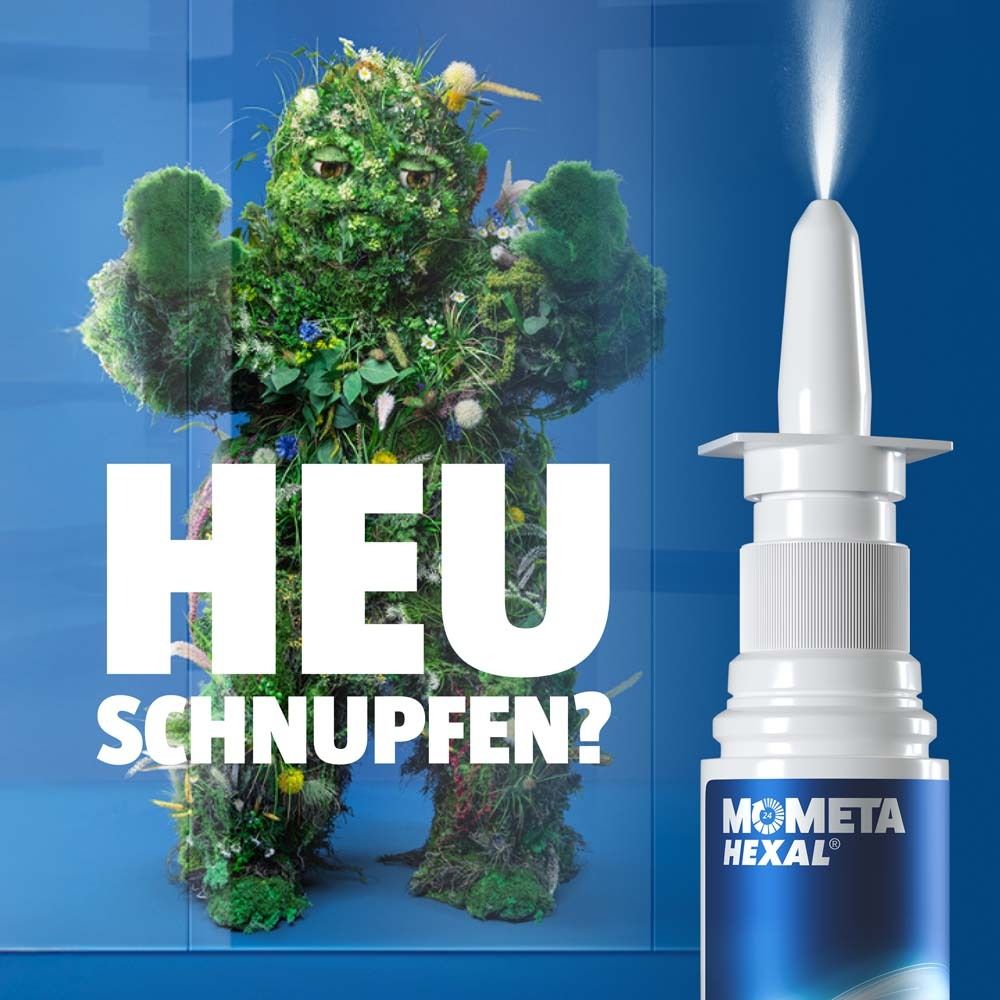 Ein grünes Wesen mit Nasenspray. Text: Heuschnupfen? MometaHEXAL® Nasenspray. Weißer Sprühnebel.