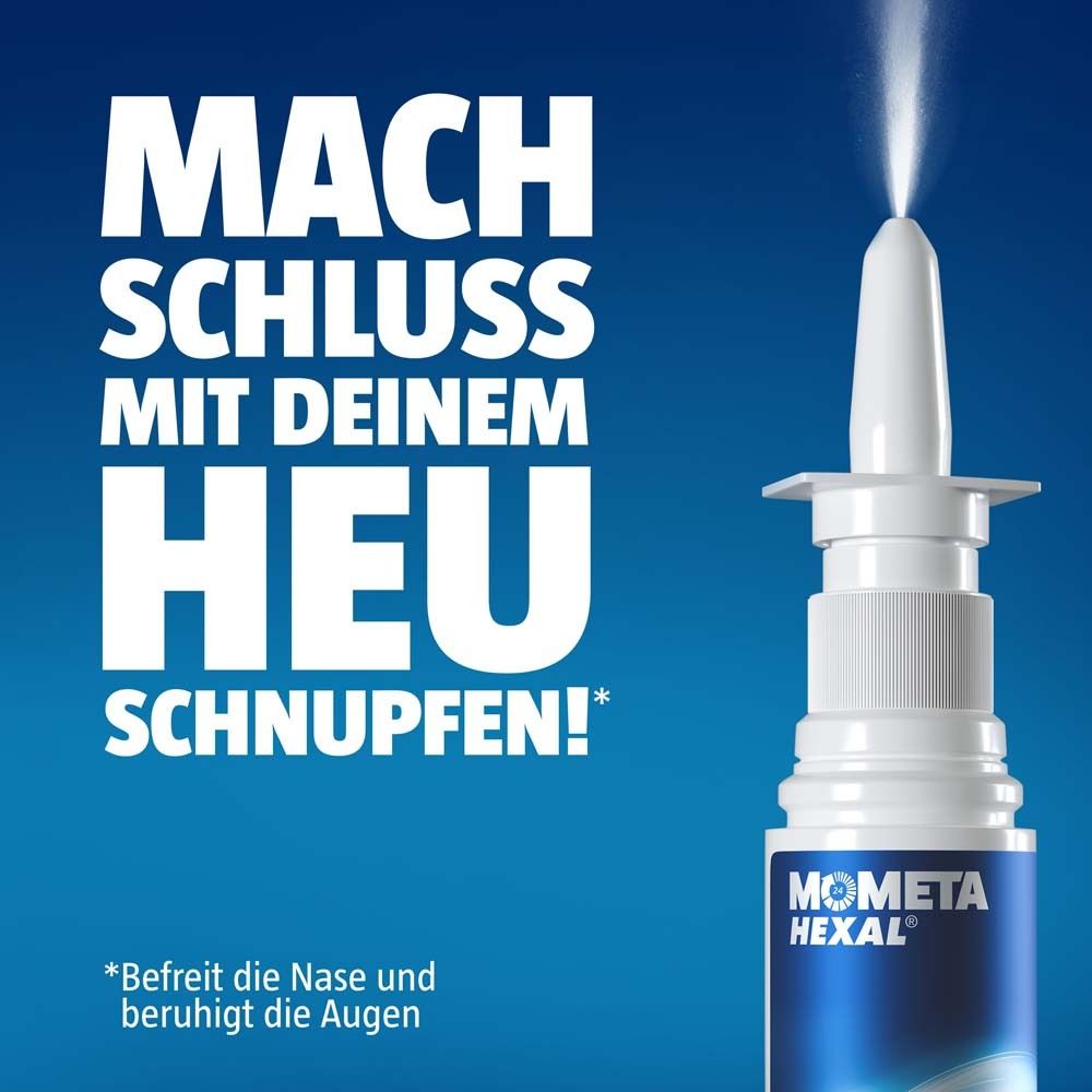 Nasenspray mit Text: Mach Schluss mit deinem Heuschnupfen! MometaHEXAL®. Weißer Sprühnebel.