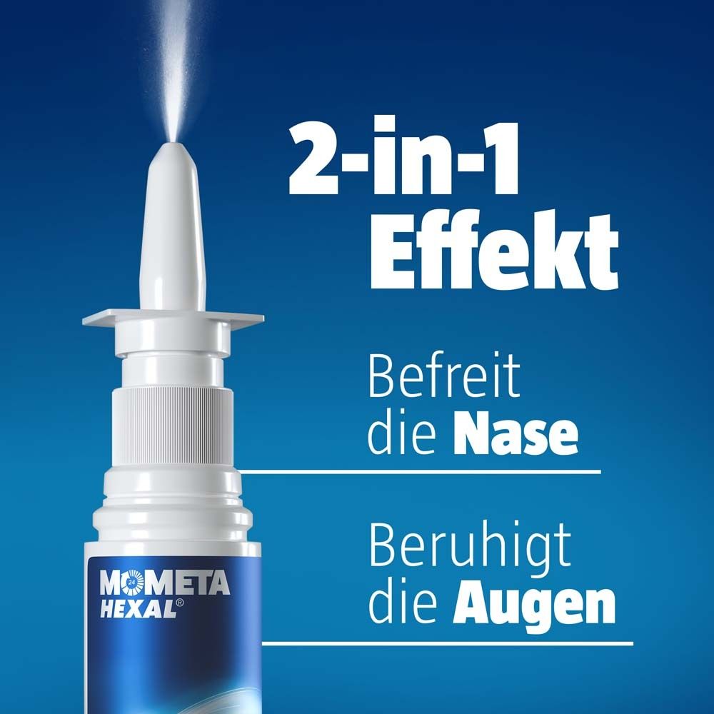 Nasenspray mit Text: 2-in-1 Effekt. Befreit die Nase. Beruhigt die Augen. MometaHEXAL®.