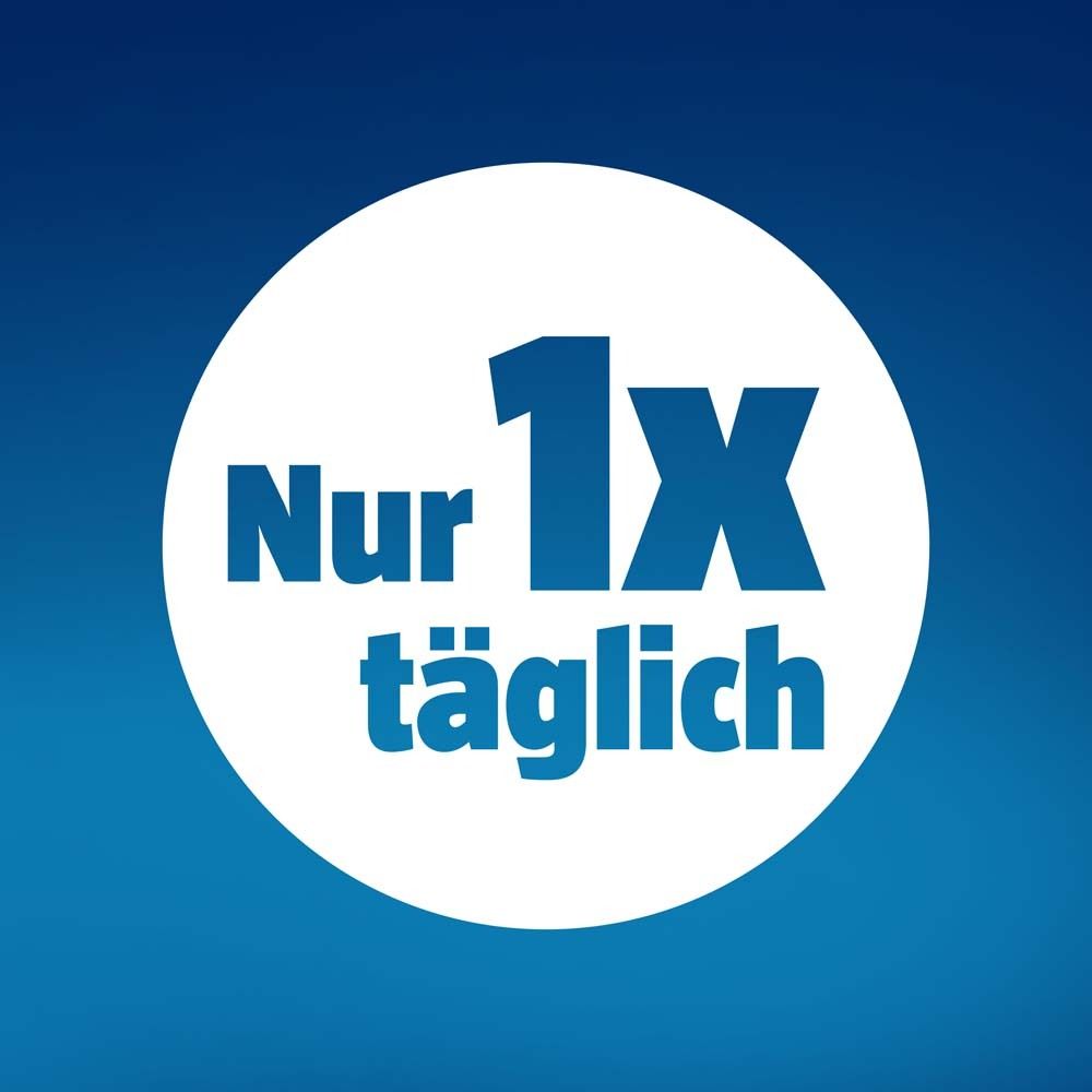 Blauer Hintergrund mit weißem Kreis und Text: Nur 1x täglich.