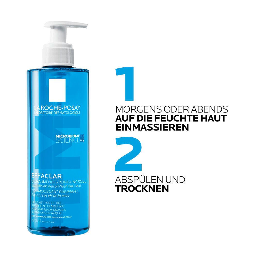 La Roche-Posay Effaclar Reinigungsgel. Text: Morgens oder abends auf die feuchte Haut einmassieren. Abspülen und trocknen.