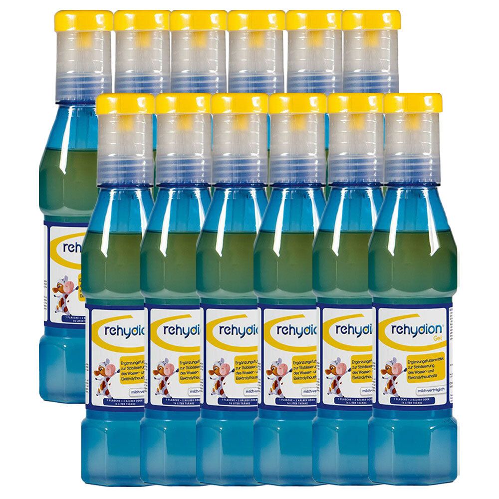 Mehrere Flaschen mit gelbem Verschluss und blauer Flüssigkeit. Auf den Etiketten steht "rehydion".