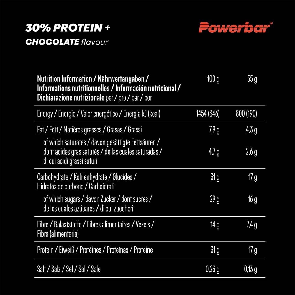 Nährwertangaben für PowerBar 30% Protein Plus Chocolate. Schwarzer Hintergrund. Tabellarische Auflistung von Nährwerten in Deutsch, Englisch, Italienisch.