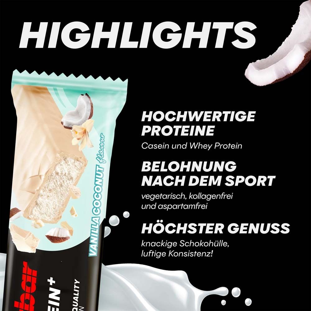 Proteinriegel in Verpackung. Aufschrift Powerbar, 30% Protein+, Whey+Casein, Vanilla Coconut. Text: Highlights. Hochwertige Proteine.